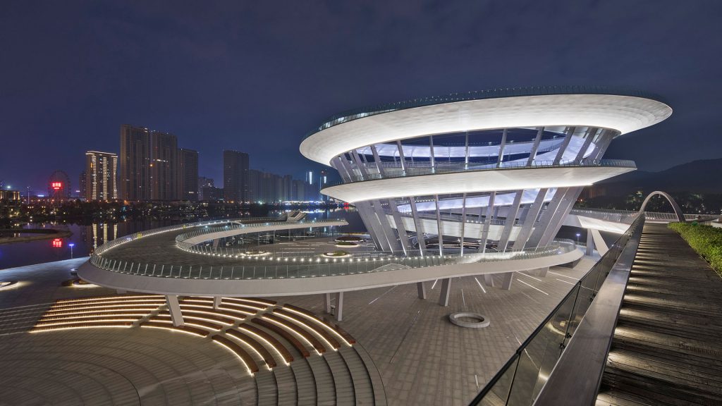 Meixi Urban Helix in China at night which features many of the lighting designs of the OVI team.