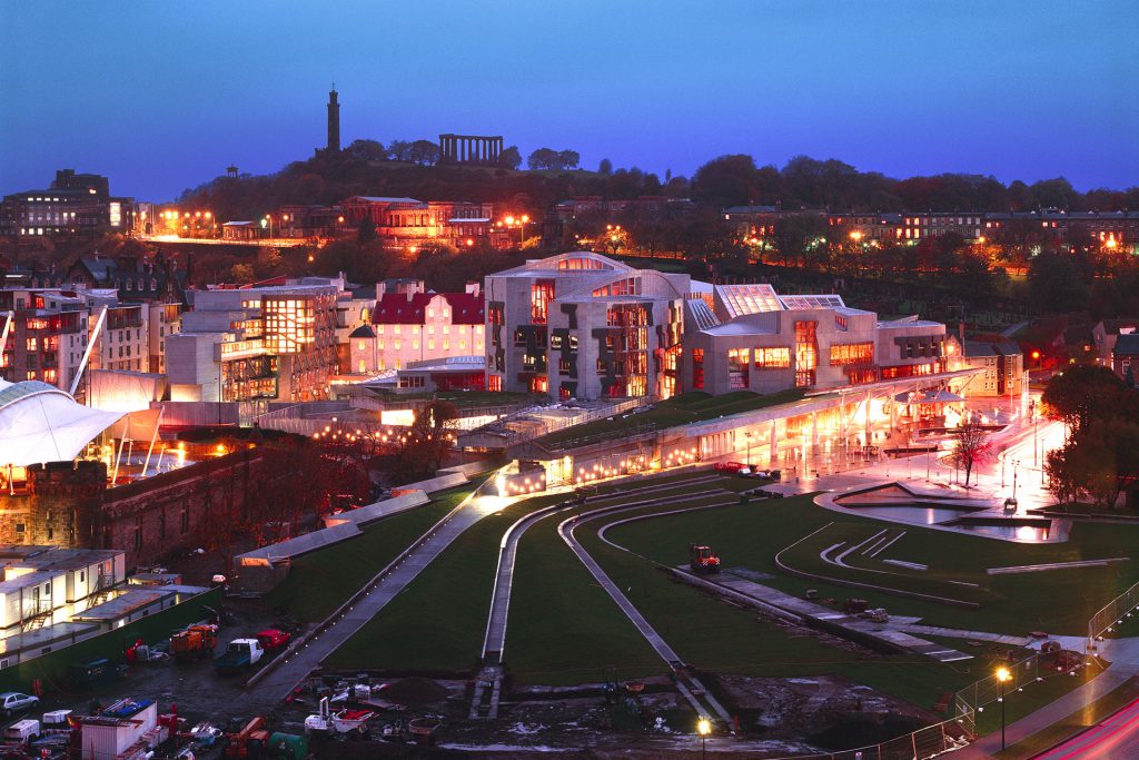 Scottish Parliament at night featuring the lighting design work of OVI