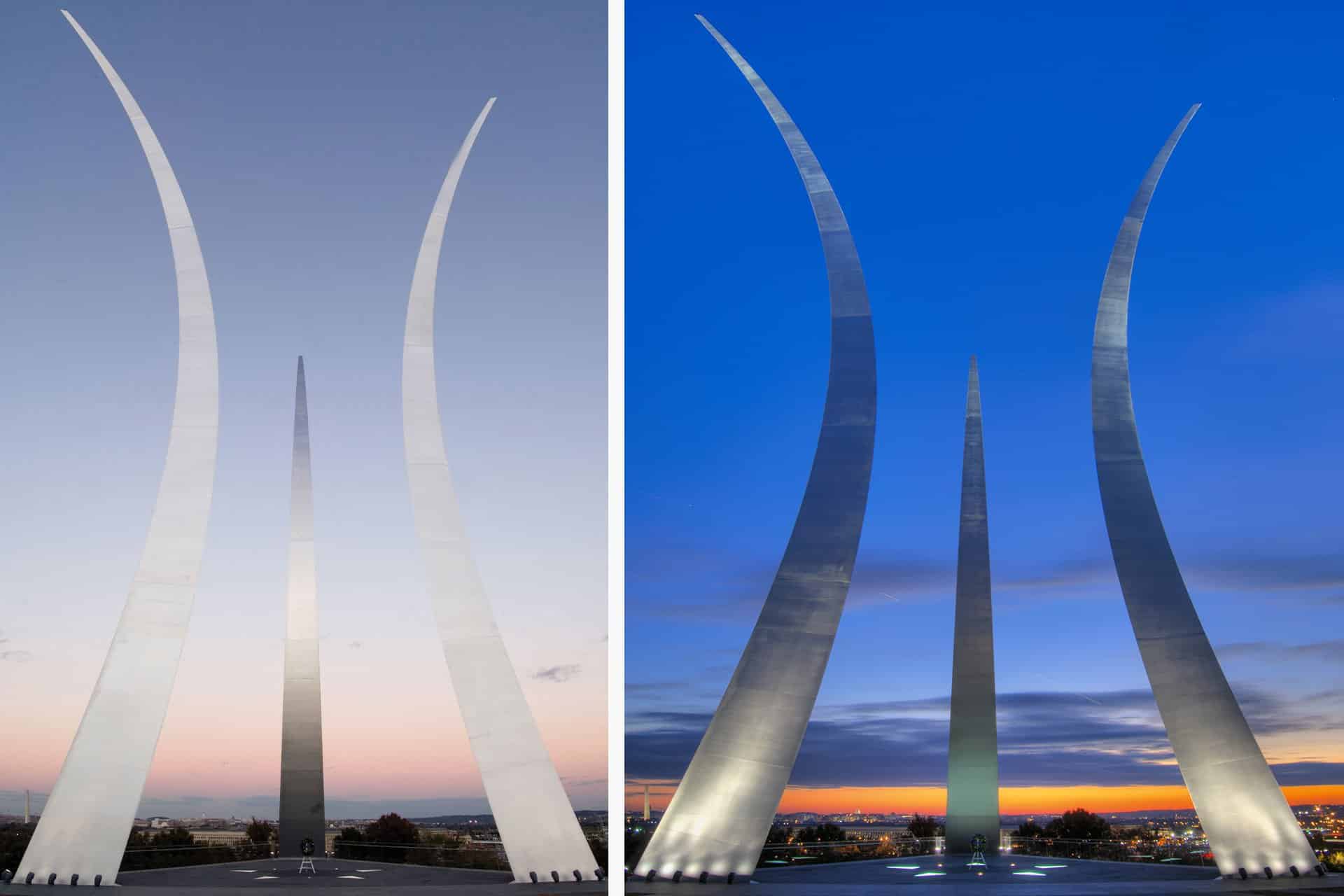Air Force Memorial night and day images architectural lighting design OVI